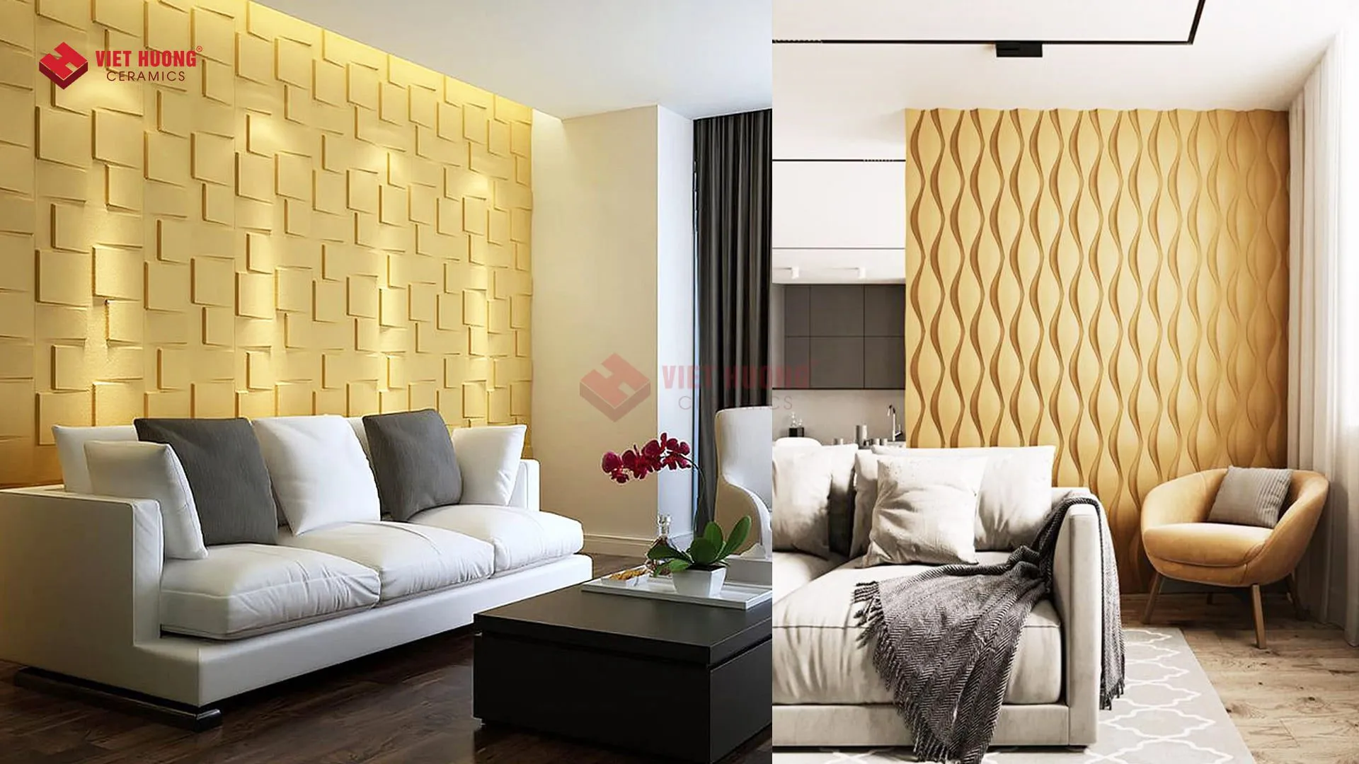 Gạch 3D họa tiết sóng nước trang trí mảng tường phòng khách ấn tượng