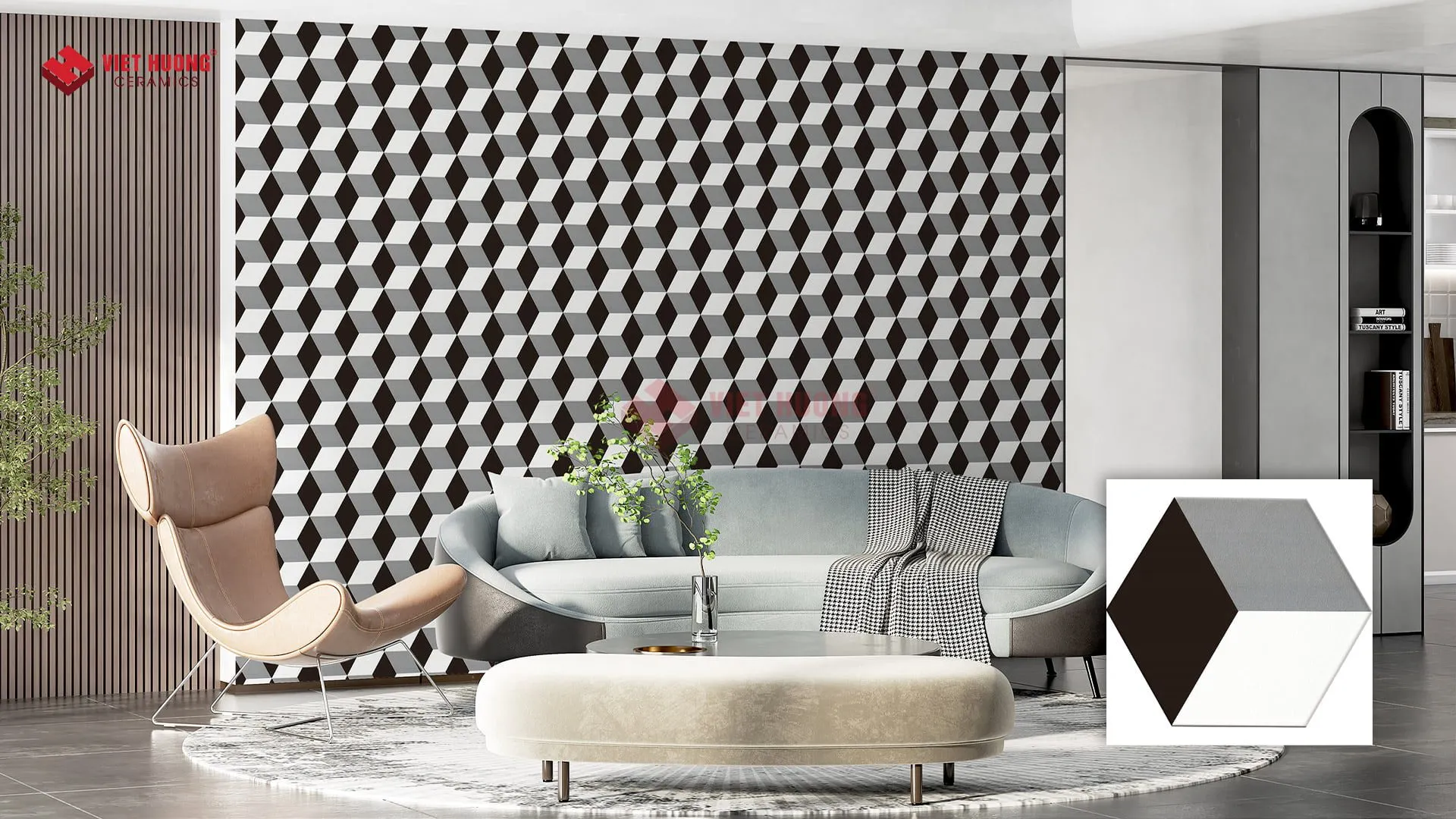Gạch bông lục giác họa tiết vintage trang trí mảng tường phòng khách