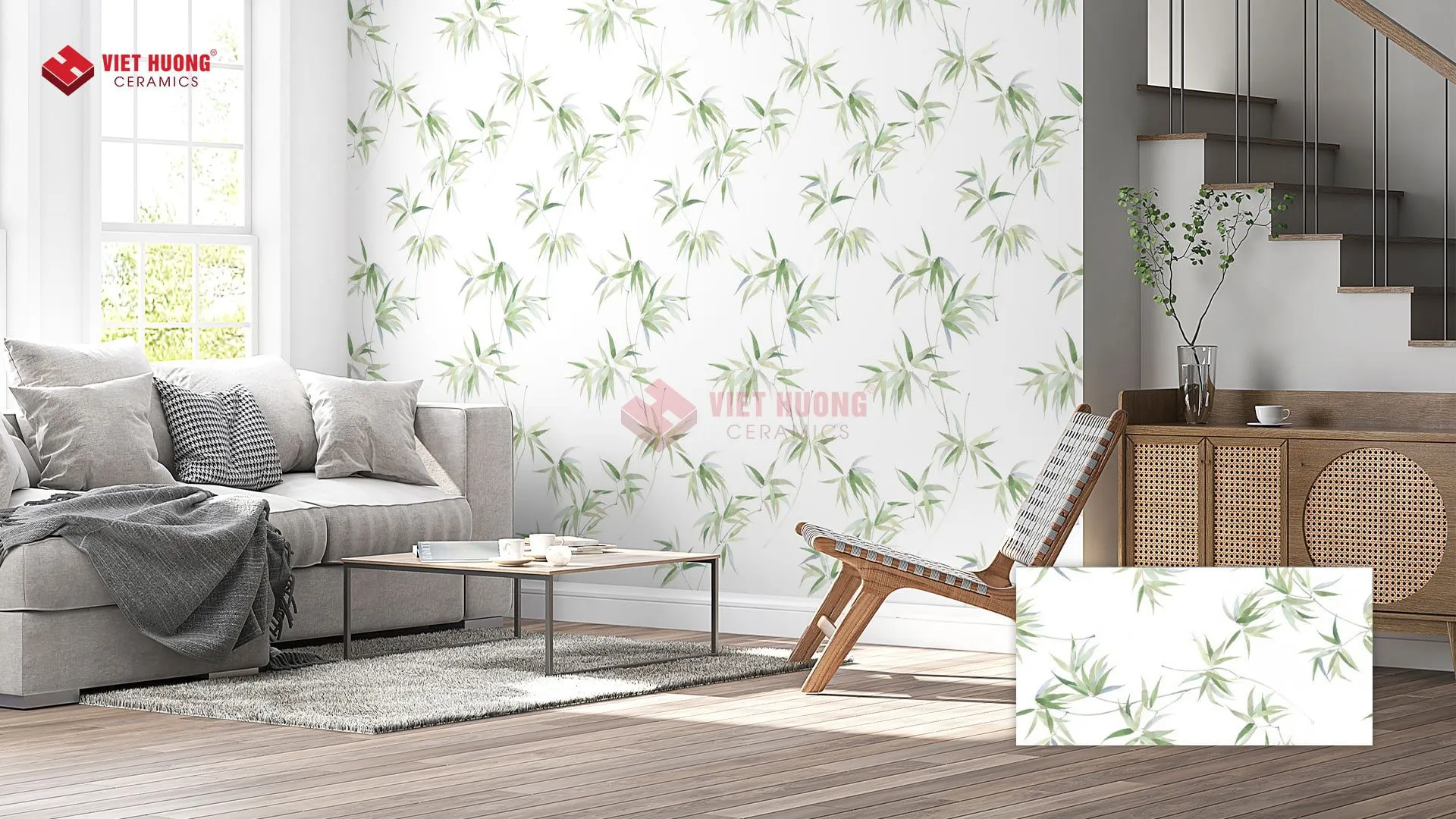 Gạch bông men họa tiết đối xứng trang trí tường phòng khách cổ điển