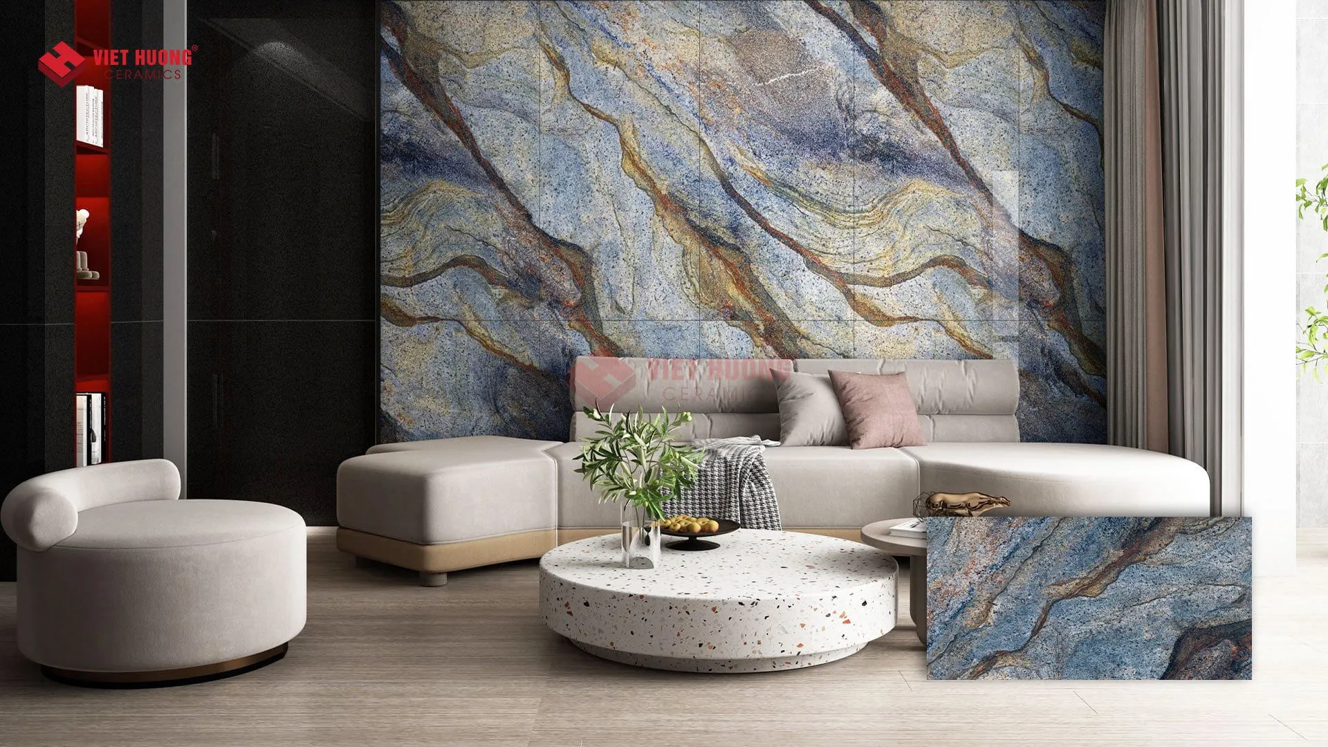 Gạch vân đá marble trắng ốp tường phòng khách sang trọng