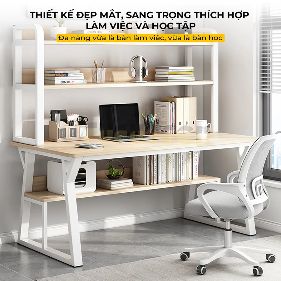 Bàn học có kệ sách cao và kệ dưới gầm