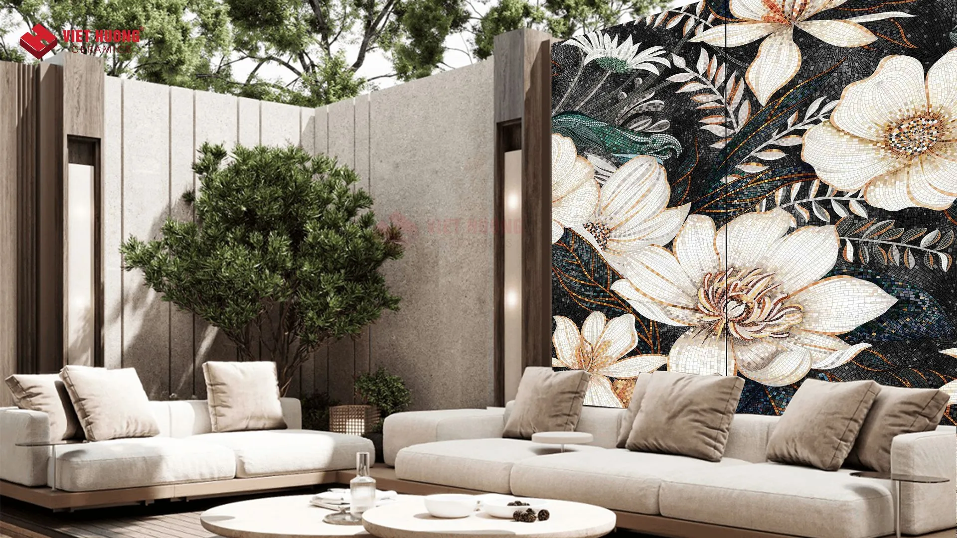 Gạch tranh mosaic ốp tường sân vườn