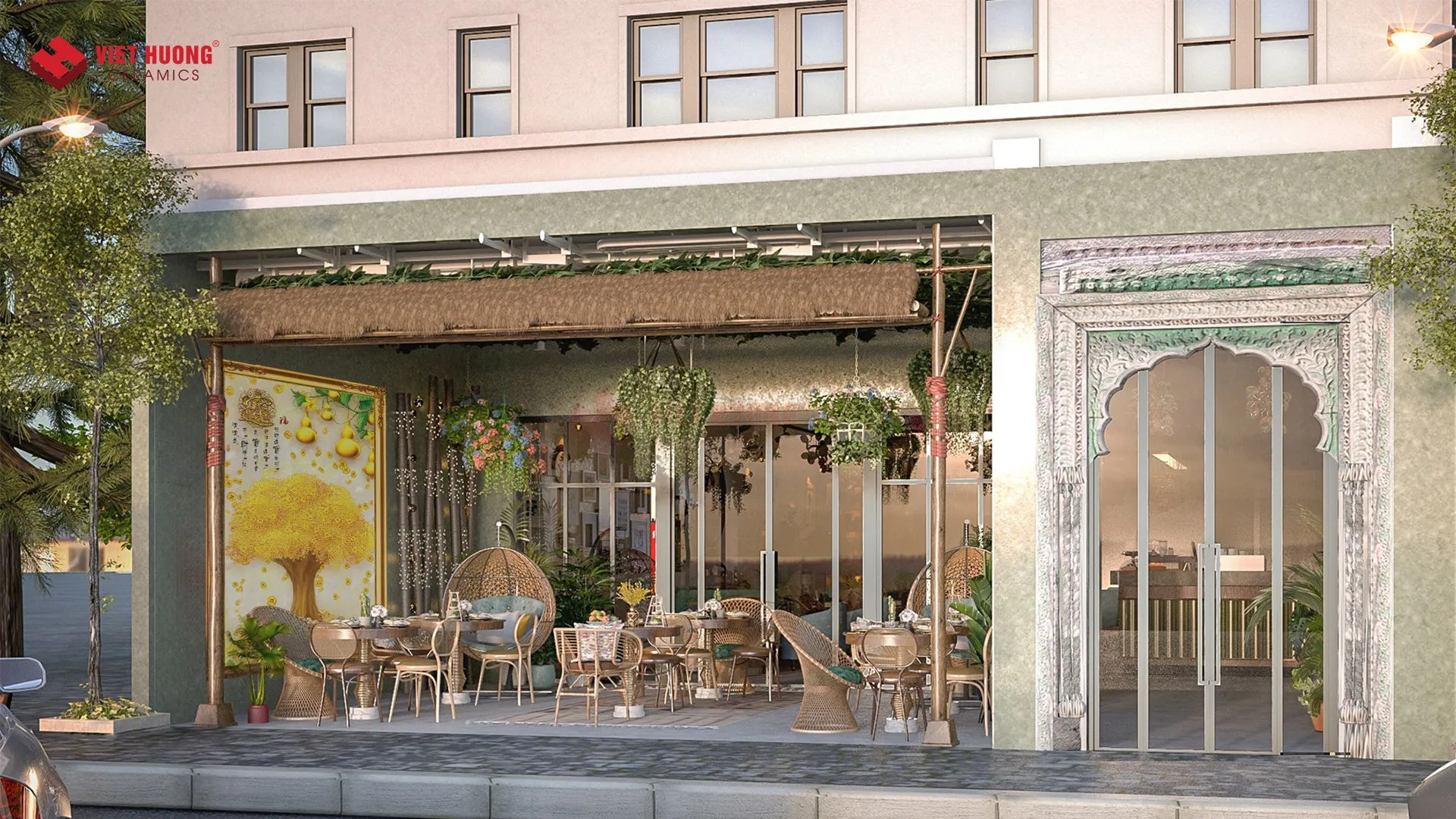 Tranh gạch ốp tường quán cafe khu vực ngoài trời