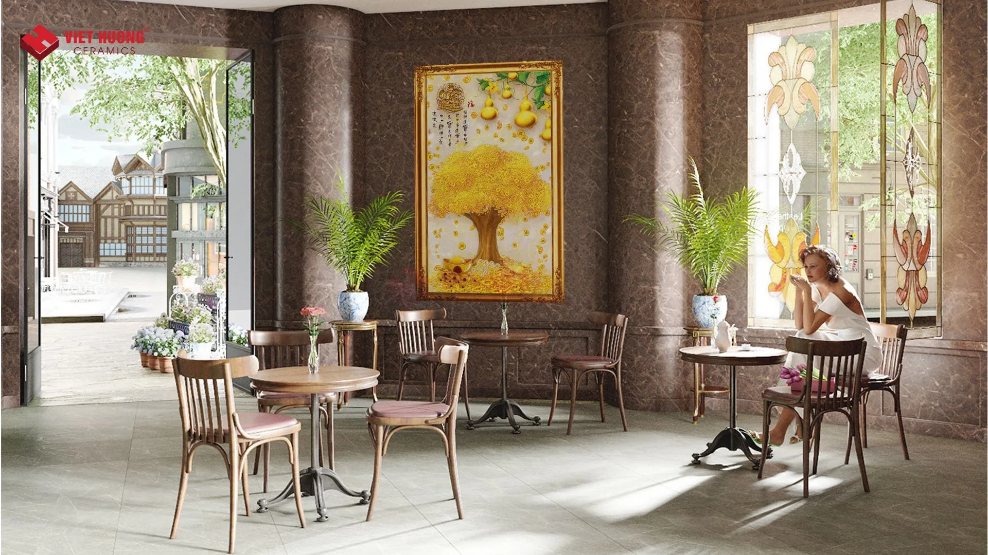 Ốp tranh gạch trang trí cho quán cafe