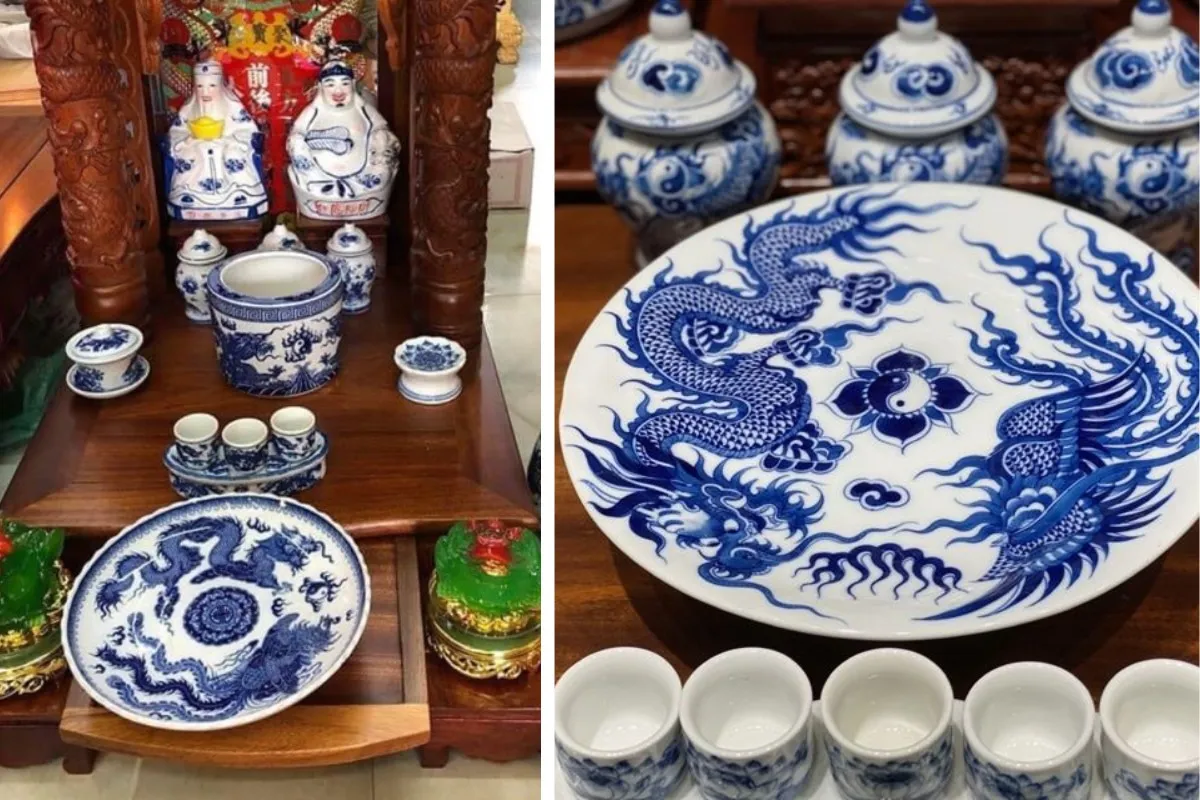 Mâm bồng với trái cây tươi đặt bên trái bàn thờ Thần Tài Ông Địa, biểu trưng cho sự đủ đầy.