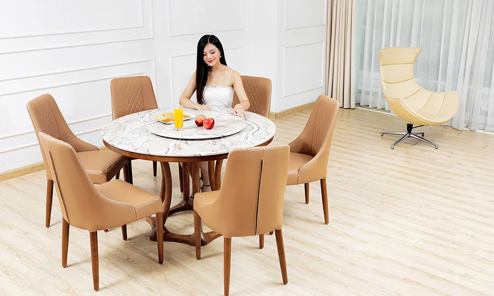 Bàn tròn gỗ đẹp hiện đại trong không gian phòng ăn