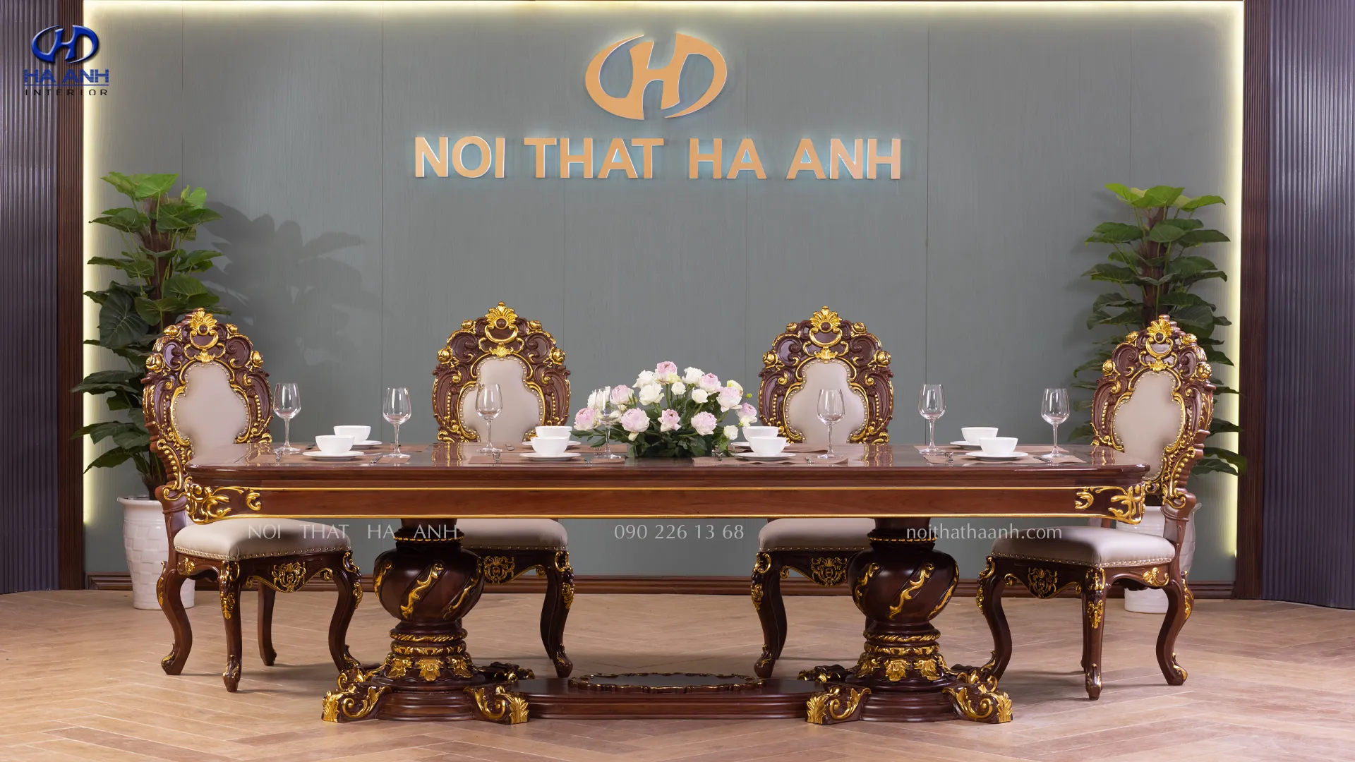 Bàn ăn tân cổ điển hình chữ nhật sang trọng trong phòng ăn rộng rãi