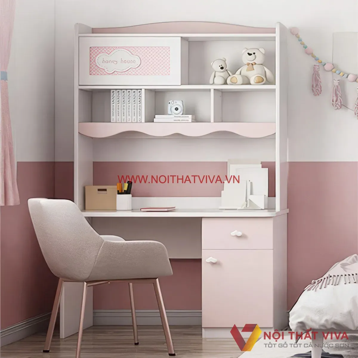 Bàn học gỗ công nghiệp màu hồng cho bé gái