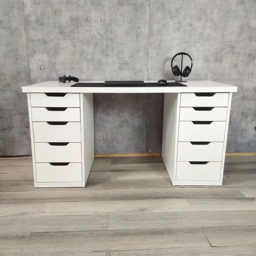 Bàn làm việc kiểu Ikea kết hợp tủ 5 ngăn màu trắng