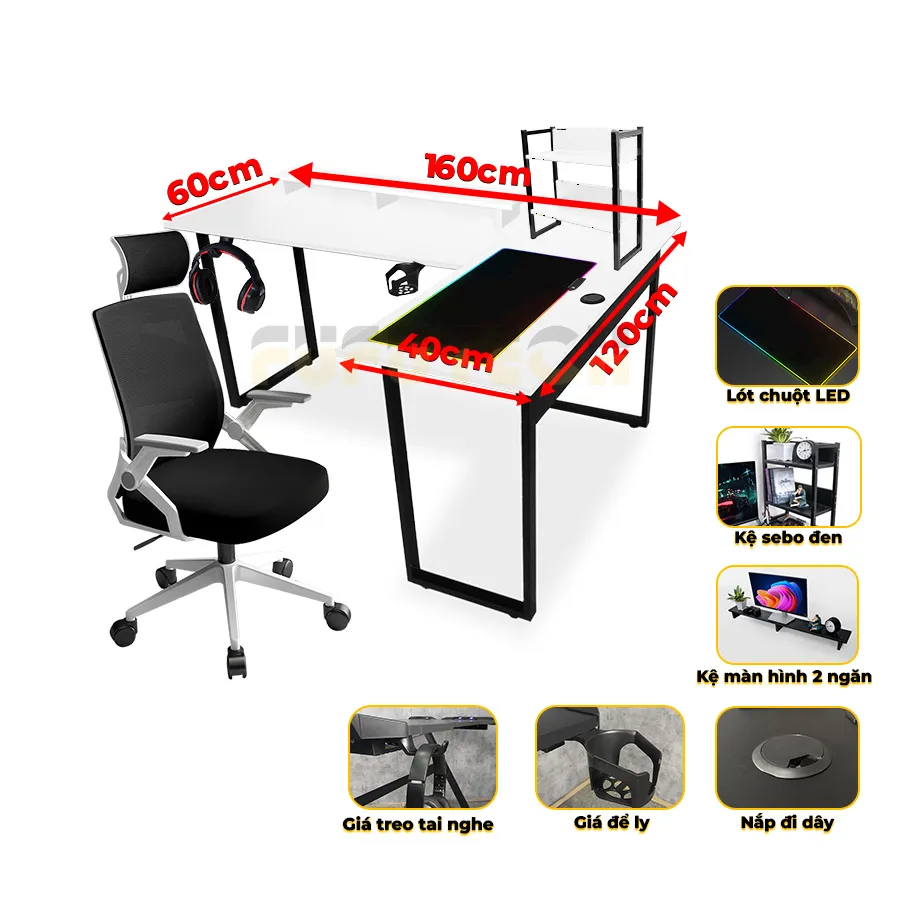 Combo bàn làm việc chữ L, ghế công thái học và phụ kiện