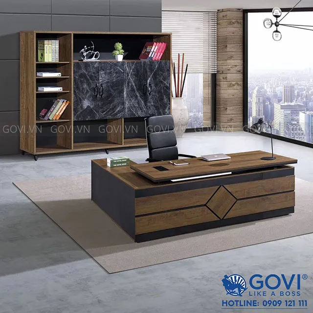 Bàn làm việc giám đốc gỗ MDF phủ melamine thiết kế chuyên nghiệp.