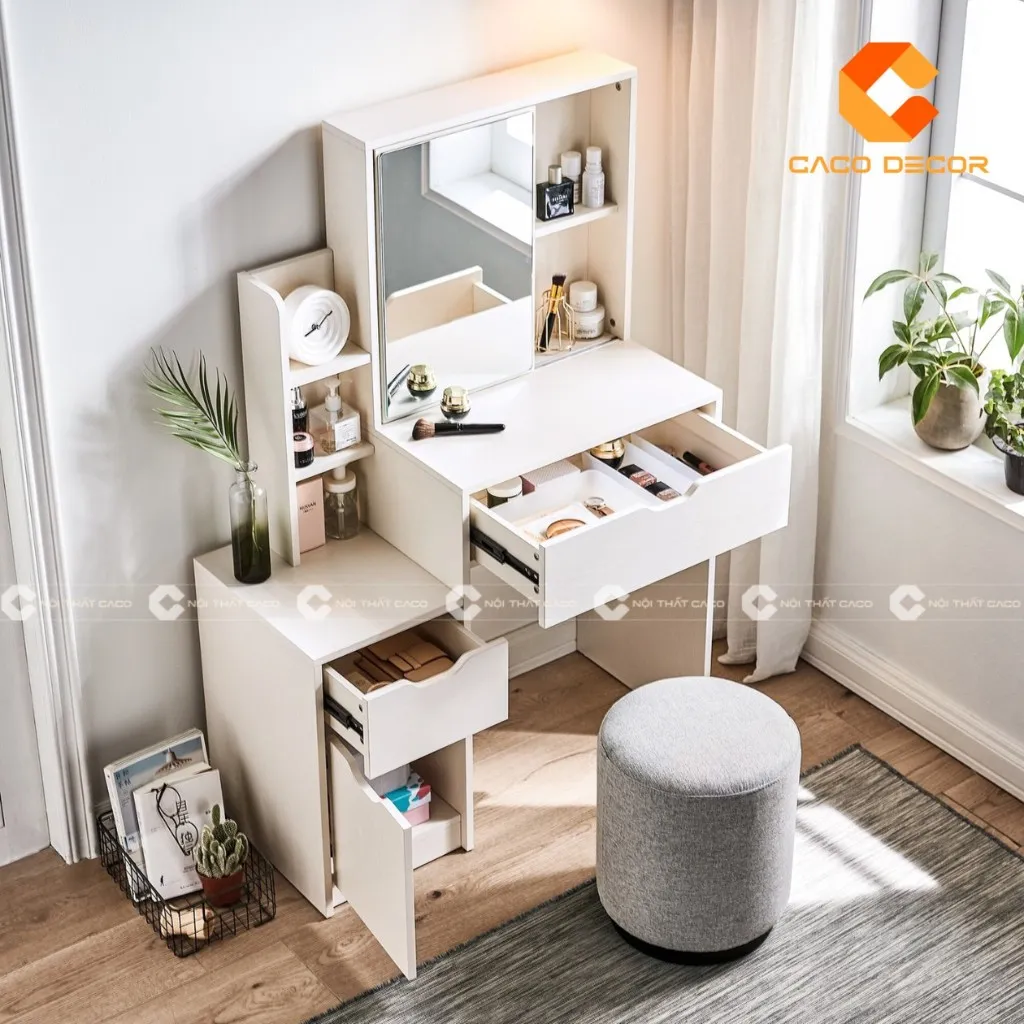 Bên trong bàn trang điểm gỗ công nghiệp, với nhiều ngăn kéo tiện lợi