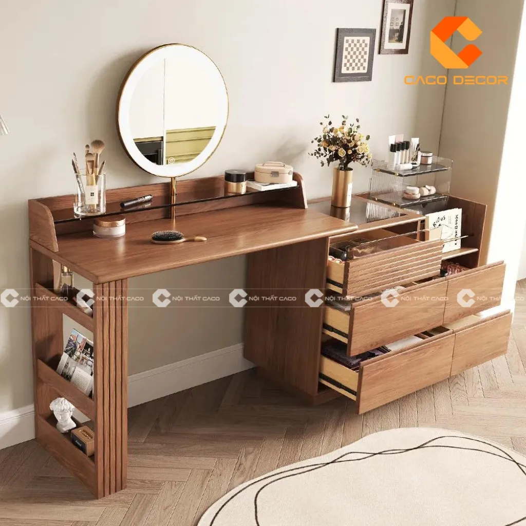 Mẫu bàn trang điểm có kệ trang trí nhỏ bằng gỗ tự nhiên sang trọng