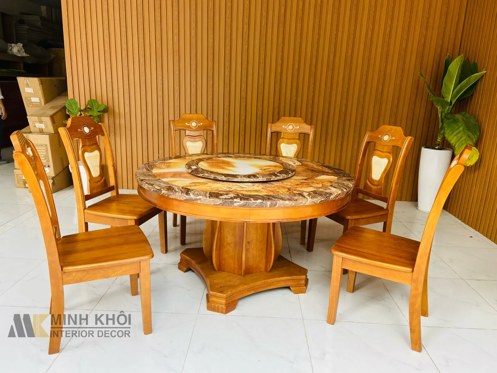 Mẫu bàn ăn tròn gỗ Xoan Đào 6 ghế cẩn đá và mâm xoay