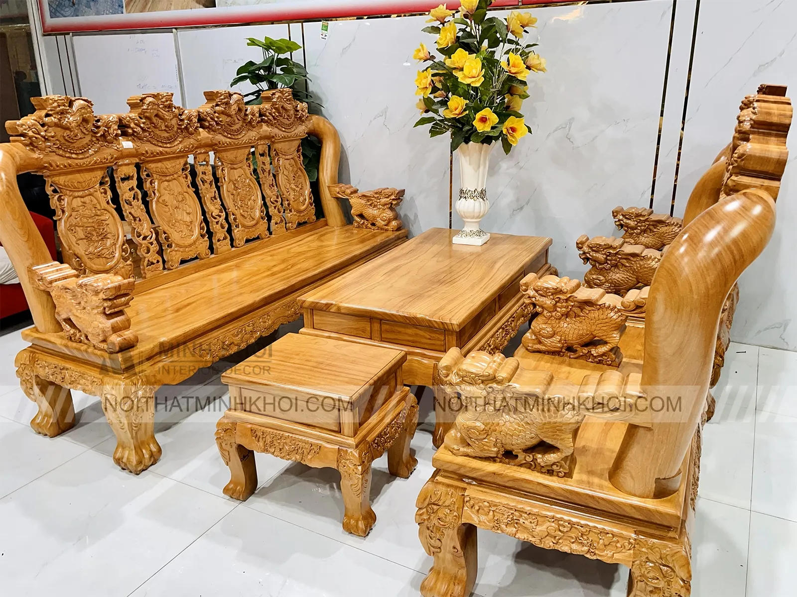 Bộ Salon Gỗ Gõ Đỏ Tay 14 Chạm Nghê Cao Cấp