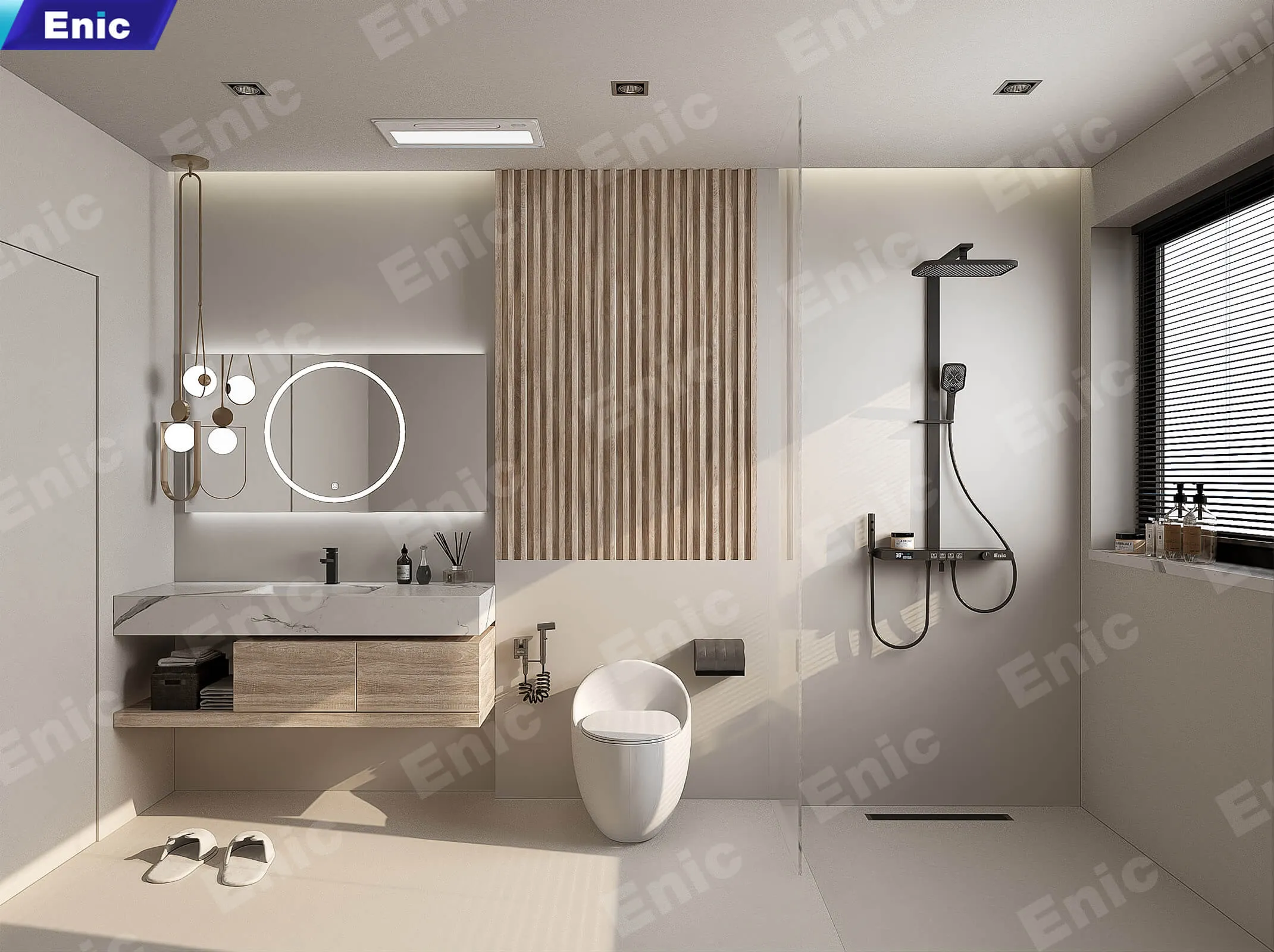 Bố trí thiết bị phòng tắm minimalist nhìn thoáng đãng và thoải mái.