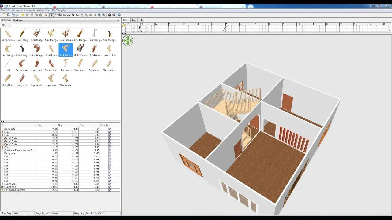 Giao diện phần mềm thiết kế nhà Sweet Home 3D với bản vẽ 2D và phối cảnh 3D