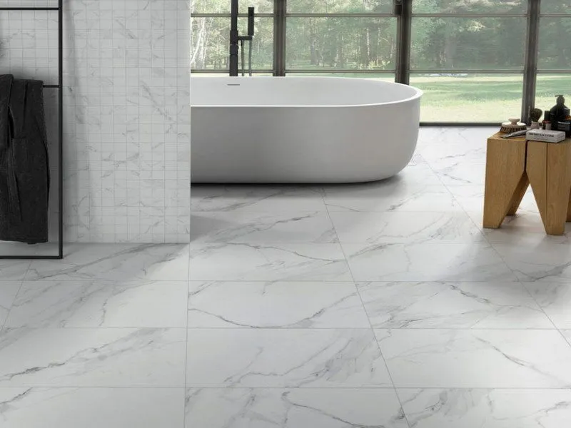 Gạch lát nền nhà tắm giả đá marble vân trắng xám khổ lớn