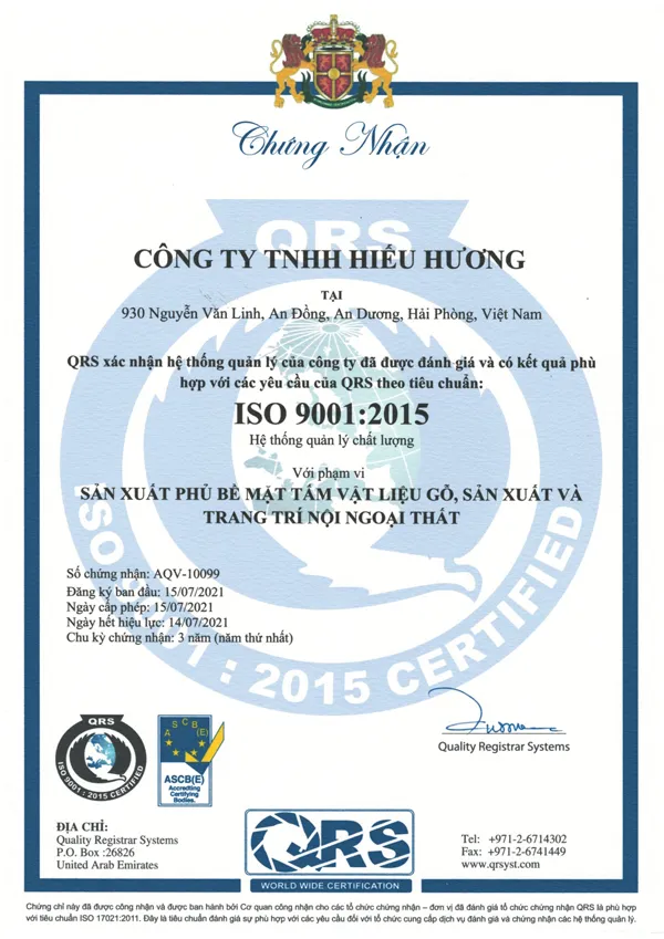 Giấy chứng nhận tiêu chuẩn chất lượng ISO 9001:2015