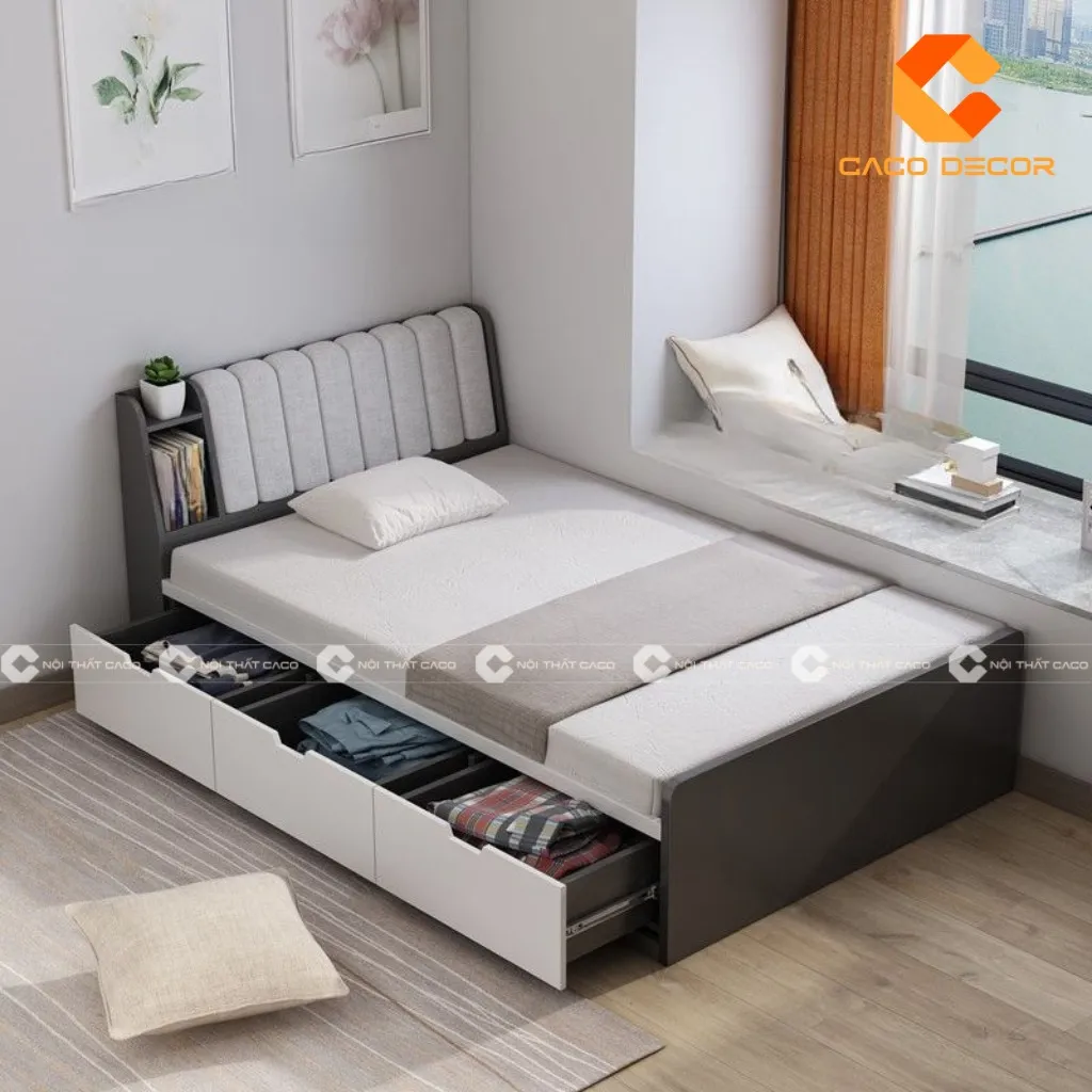 Giường ngủ thiết kế từ gỗ công nghiệp màu xám trắng có hộc kéo