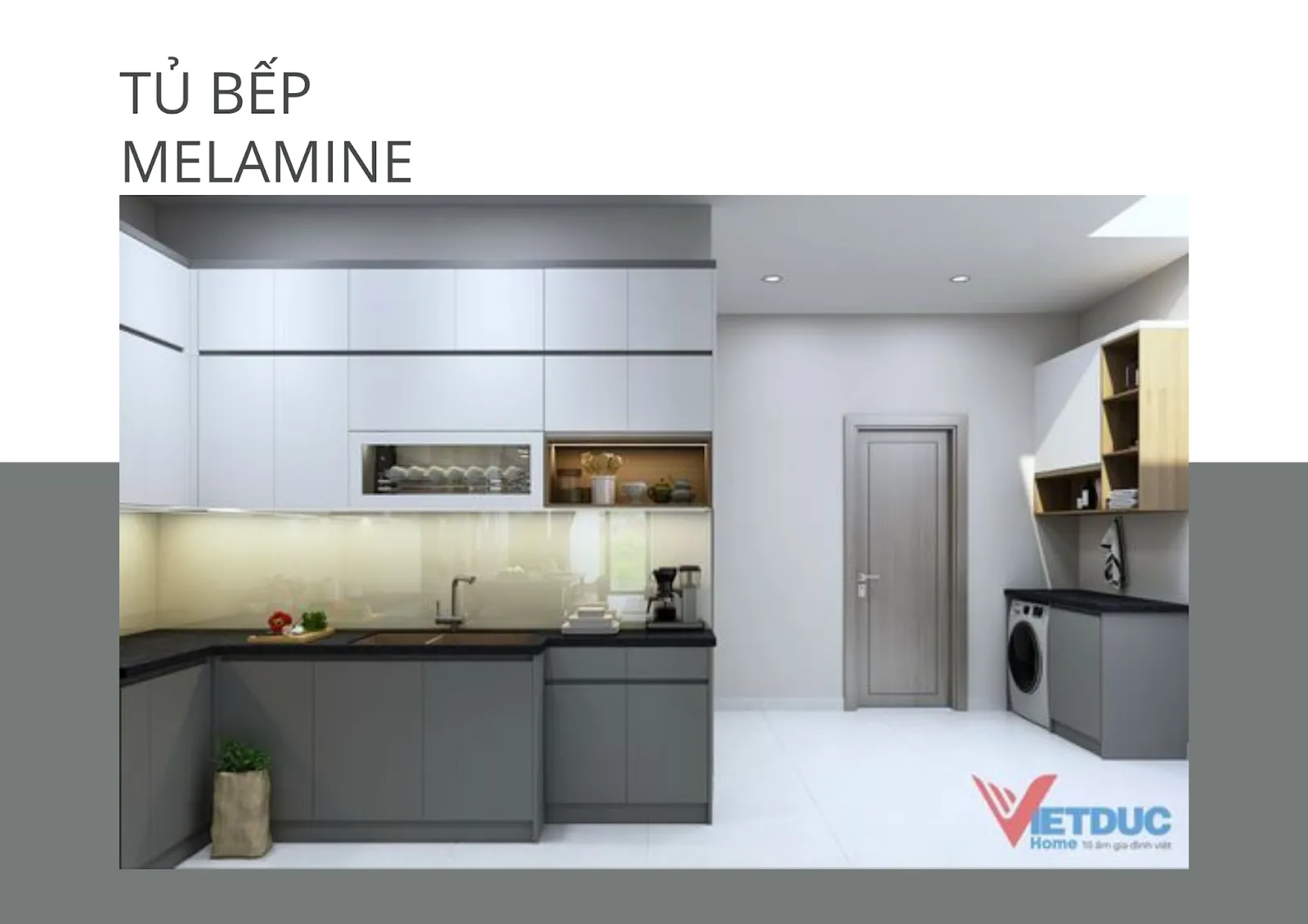 Mẫu tủ bếp hiện đại sử dụng gỗ công nghiệp MDF chống thấm
