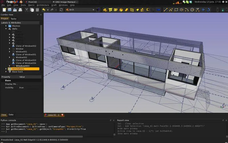Giao diện phần mềm FreeCAD Arch hiển thị các công cụ thiết kế kiến trúc cơ bản