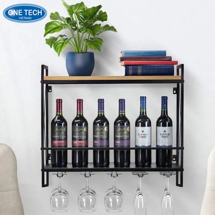 Kệ rượu sắt treo tường thiết kế 2 tầng