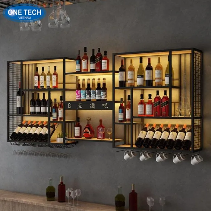 Kệ rượu sắt treo tường có đèn LED trang trí