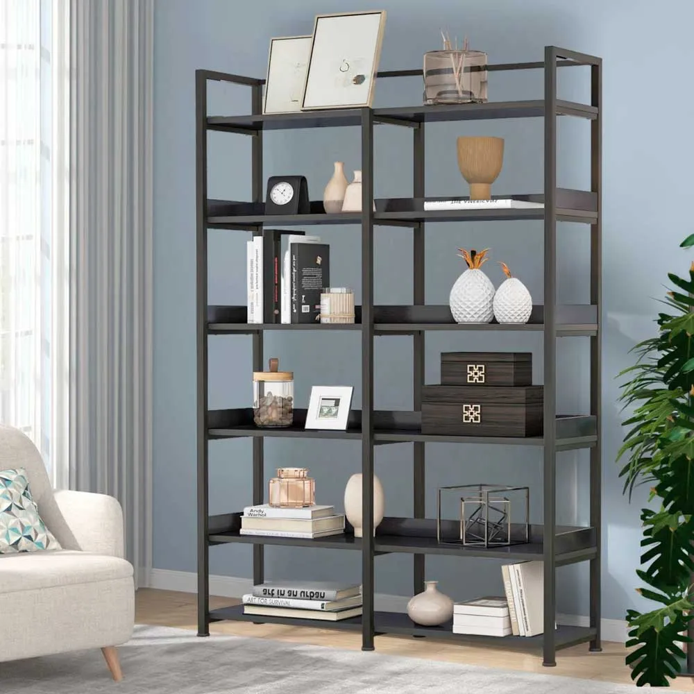 Kệ sách khung sắt gỗ cao su trưng bày đồ trang trí phòng khách hiện đại