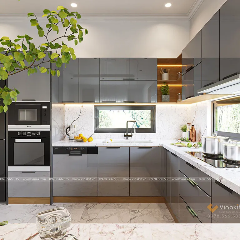 alt text: Tủ bếp chữ L chất liệu nhựa giả gỗ cánh Melamine vân gỗ, thiết kế hiện đại.