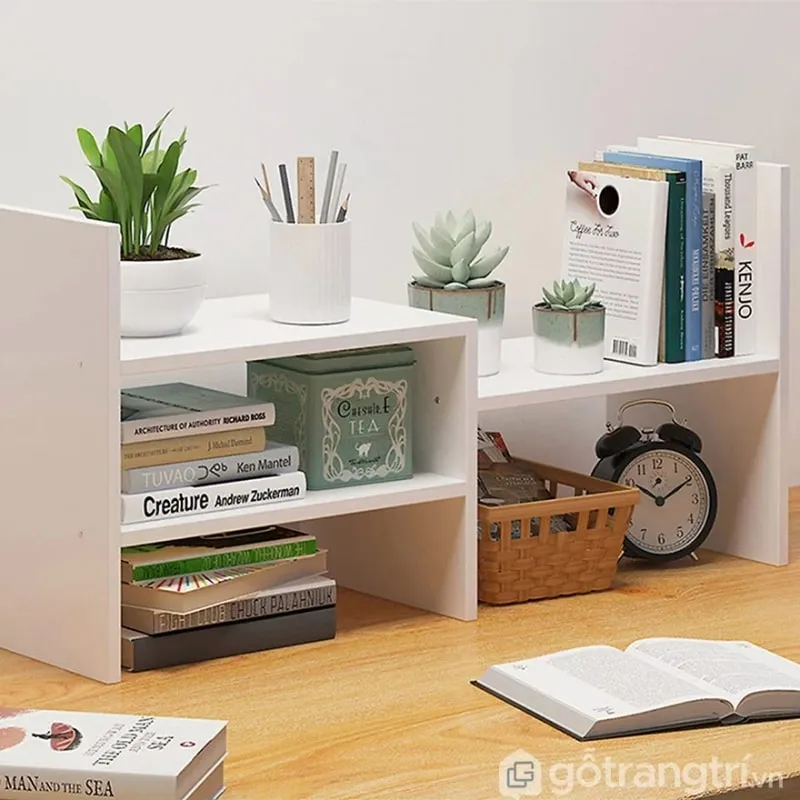 Kệ để bàn làm việc gỗ hình chữ nhật 2 tầng giúp sắp xếp sách và đồ dùng ngăn nắp