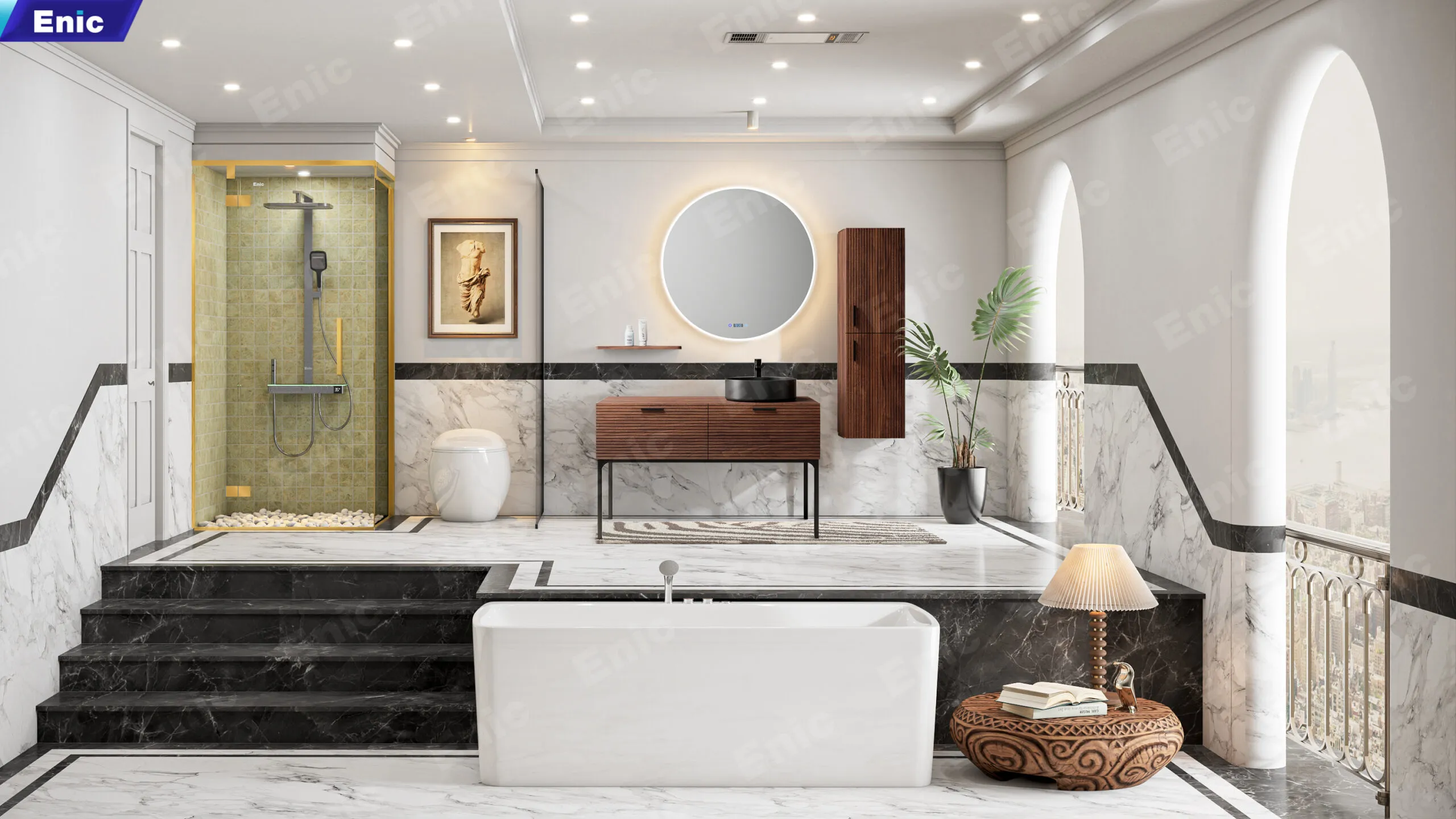 Thiết kế nhà vệ sinh hiện đại với bồn cầu thông minh và bồn tắm massage.