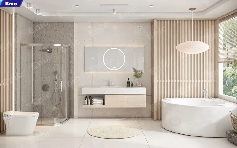 Mẫu thiết kế nhà vệ sinh nhỏ gọn, tông màu sáng tinh tế, tối ưu không gian.