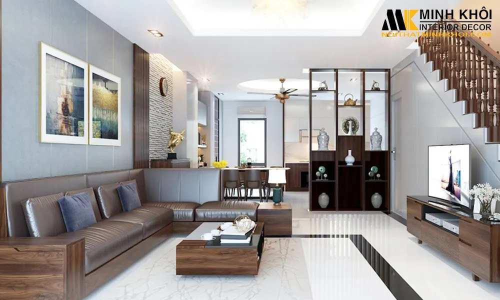 Khung cảnh phòng khách hiện đại với bộ sofa gỗ