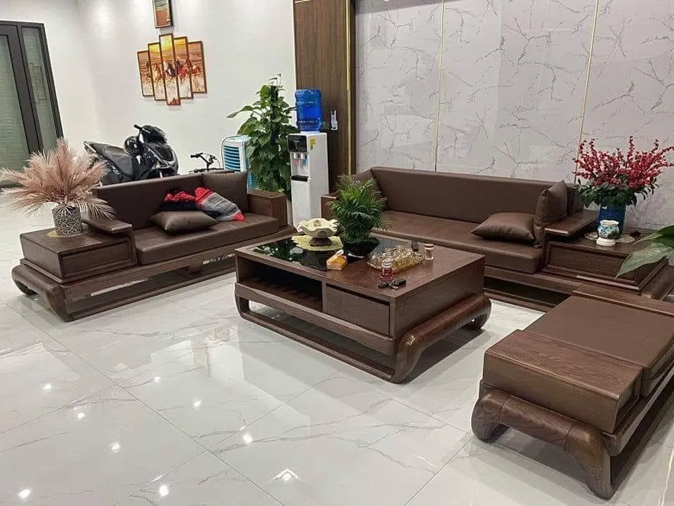Bộ bàn ghế sofa gỗ sồi hình chữ L hiện đại, giải pháp tối ưu cho phòng khách nhỏ.