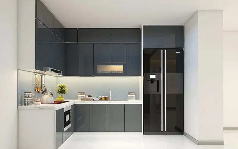 Mẫu tủ bếp nhựa giả gỗ phủ Acrylic bóng gương mang lại vẻ đẹp sang trọng, hiện đại