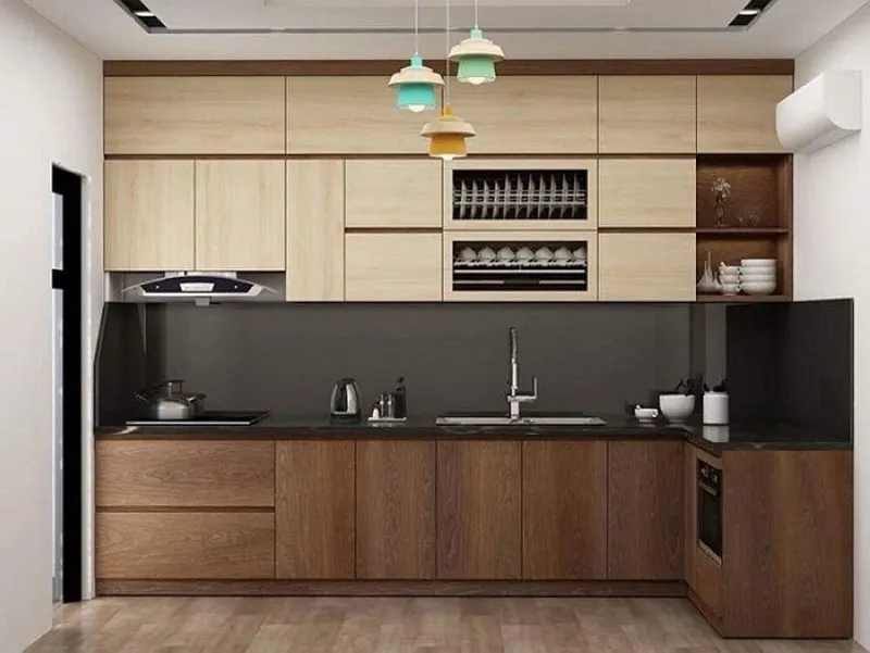 Tủ bếp nhựa giả gỗ với bề mặt phủ Melamine mô phỏng vân gỗ tự nhiên như thật