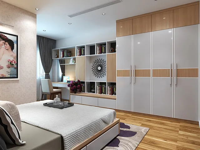 Tủ quần áo gỗ công nghiệp MDF phủ melamine tối ưu không gian lưu trữ.