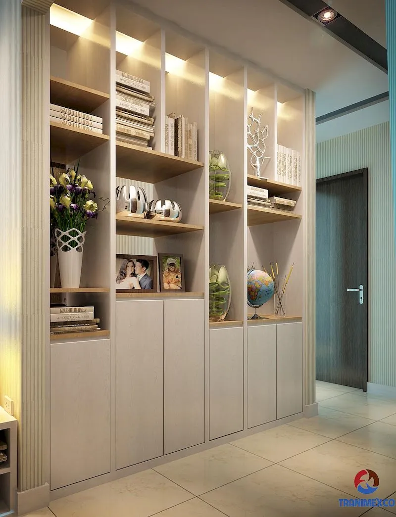Tủ gỗ tự nhiên phòng khách với đường nét hiện đại