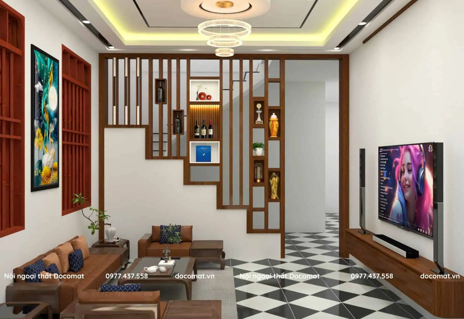Vách lam gỗ màu vân gỗ tự nhiên ngăn cách phòng khách và cầu thang
