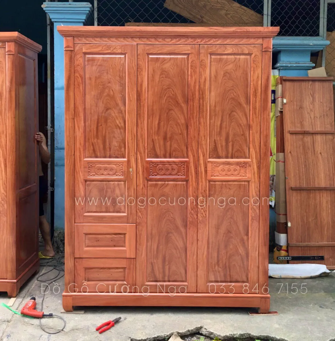 Tủ quần áo gỗ hương đá 3 cánh 2 buồng