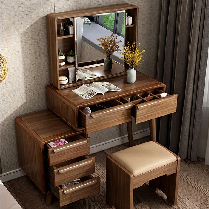 Bàn trang điểm gỗ sồi kiểu dáng đơn giản, tiện lợi với gương tròn và hộc kéo