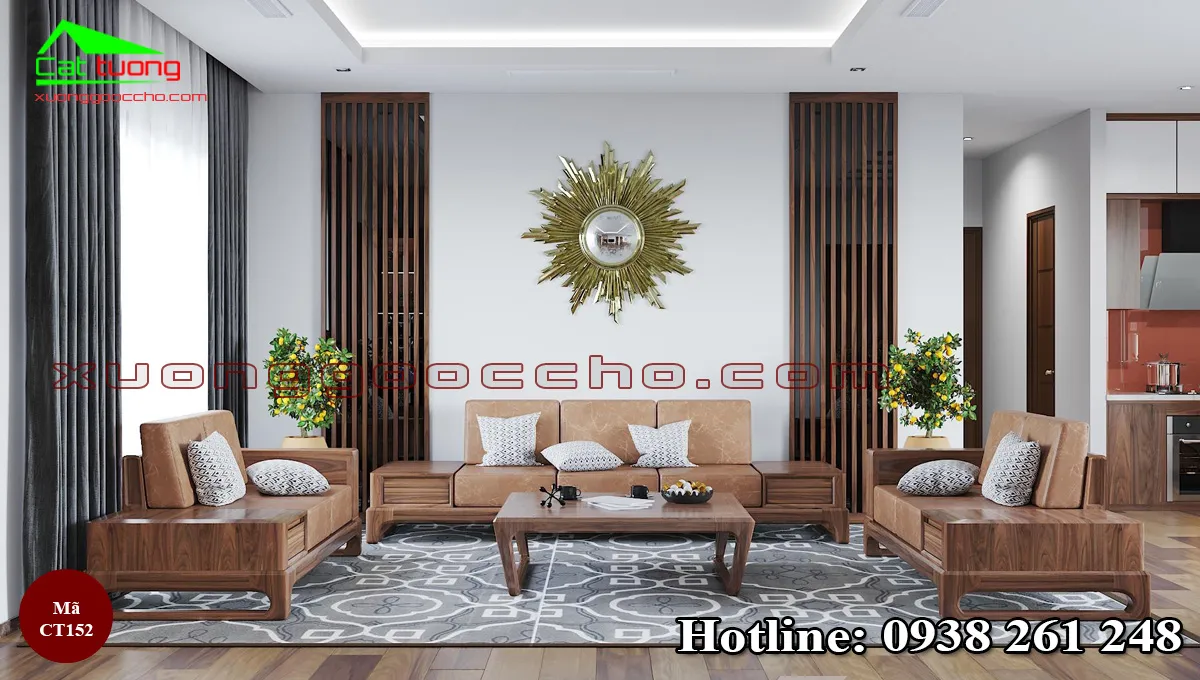 Sofa gỗ óc chó CT152 dáng chữ L