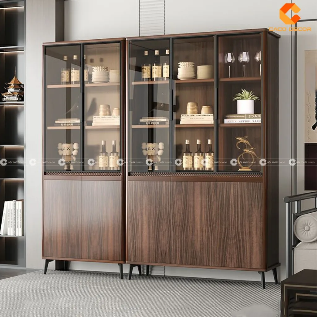 Tủ rượu gỗ kết hợp khung nhôm cánh kính phổ biến