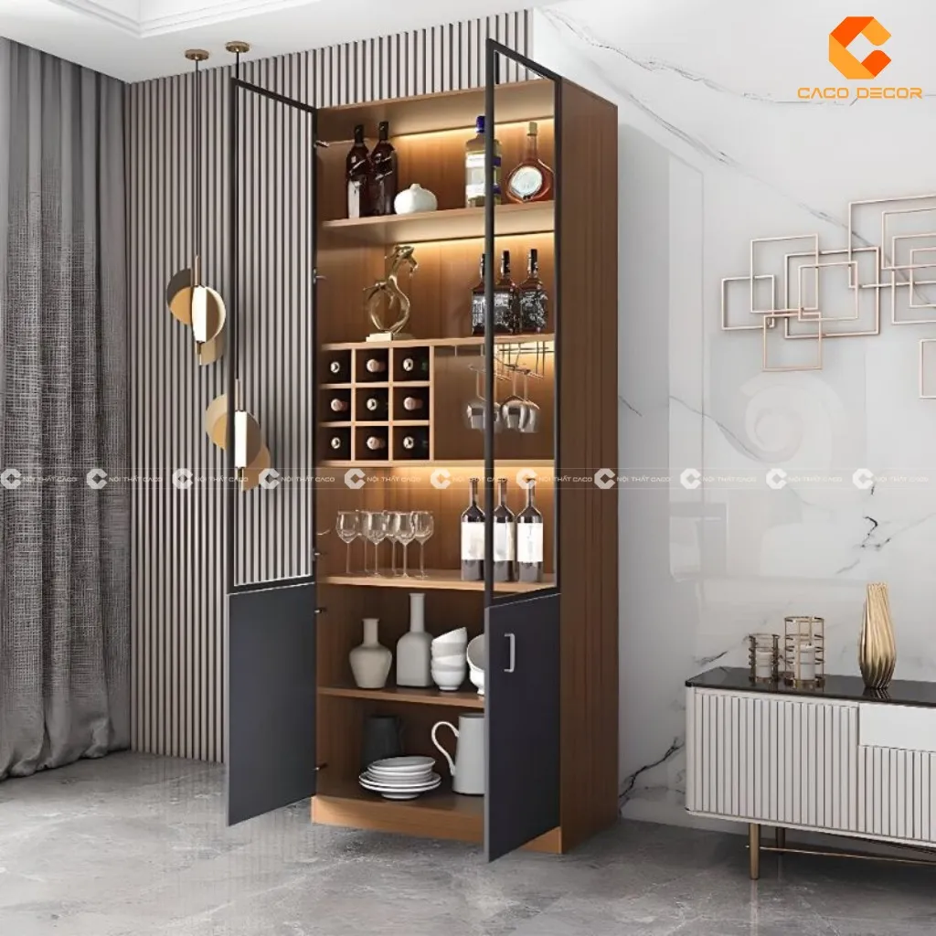 Tủ rượu mini gỗ công nghiệp cánh kính